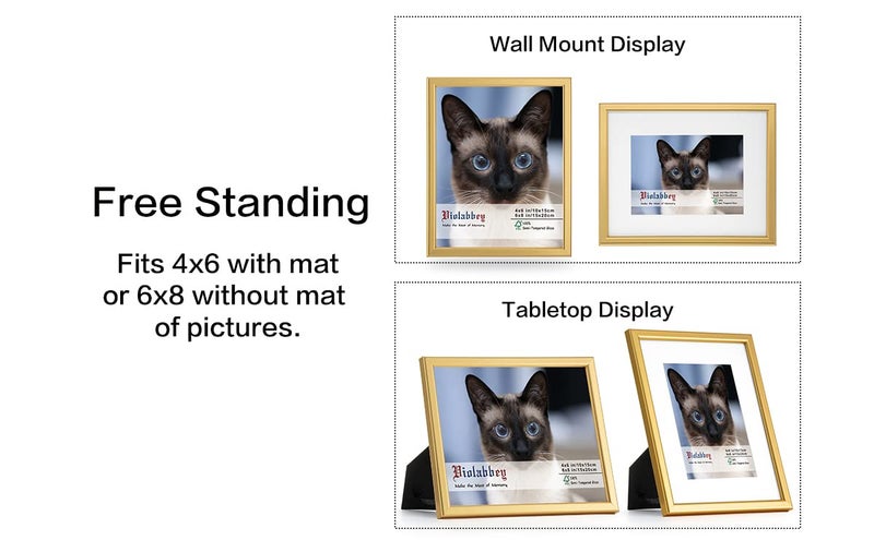 VIOLABBEY 6x8 Picture Frame Set of 4, Light Gold Photo Frame, Display 4x6 Photo with Mat and 6x8 without Mat, Wall or Tabletop, HD Real Glass - Image 2